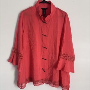 Ali‎ Miles Womens Asian Top Size 1X Coral Toggle Button Front Mandarin Collar